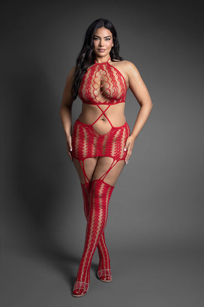 FANTASY LINGERIE - SHEER CRYSTAL CLUB SAY LESS CUT-OUT HALTER BODYSTOCKING DRESS QUEEN SIZE