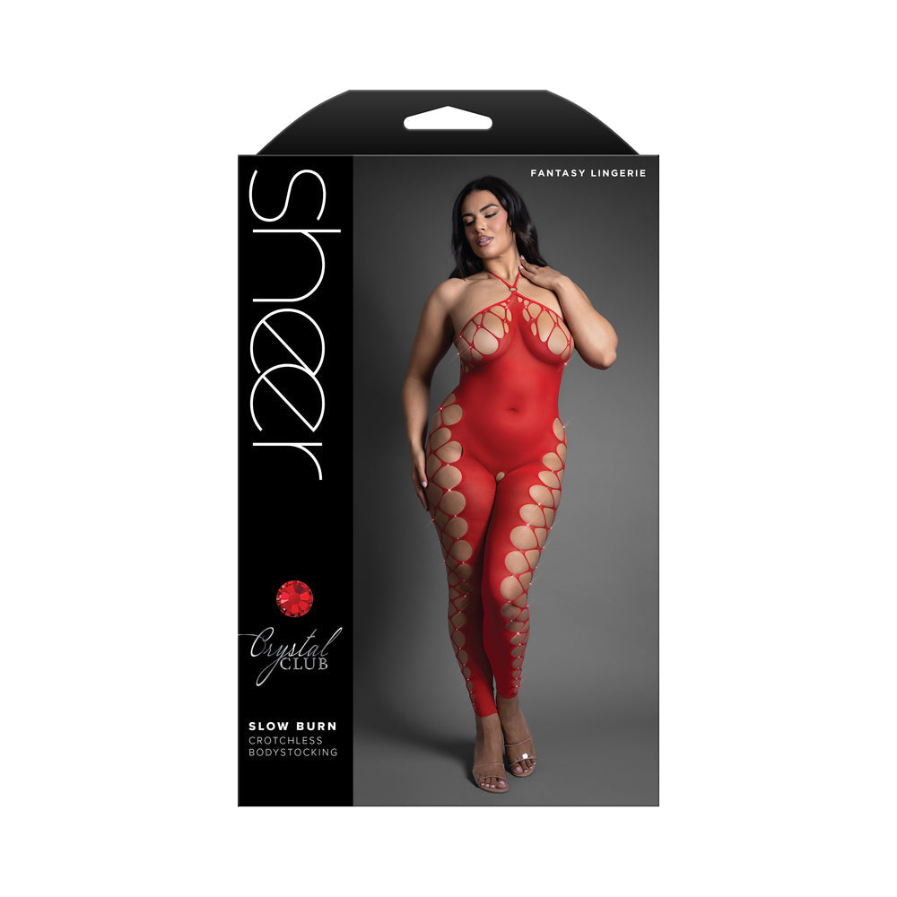 FANTASY LINGERIE - SHEER CRYSTAL CLUB SLOW BURN FOOTLESS OPEN CROTCH HALTER BODYSTOCKING QUEEN SIZE