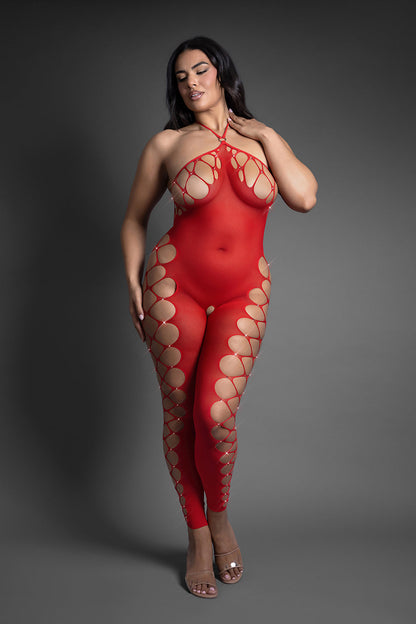 FANTASY LINGERIE - SHEER CRYSTAL CLUB SLOW BURN FOOTLESS OPEN CROTCH HALTER BODYSTOCKING QUEEN SIZE