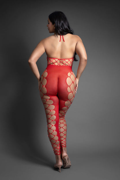 FANTASY LINGERIE - SHEER CRYSTAL CLUB SLOW BURN FOOTLESS OPEN CROTCH HALTER BODYSTOCKING QUEEN SIZE
