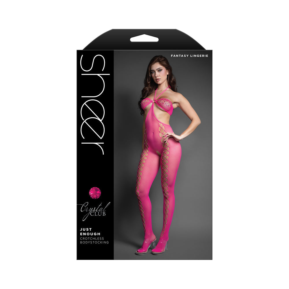 FANTASY LINGERIE - SHEER CRYSTAL CLUB JUST ENOUGH CROTCHLESS CUT-OUT HALTER BODYSTOCKING O/S