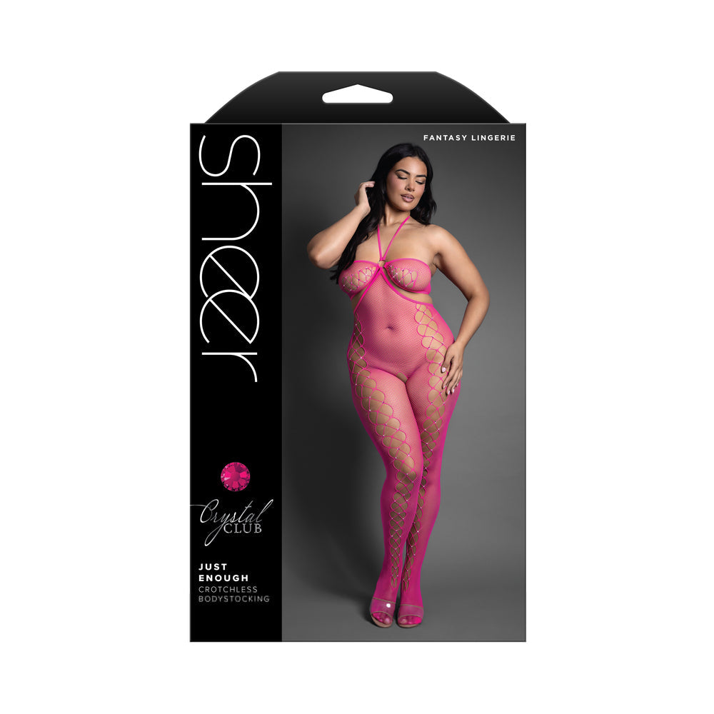 FANTASY LINGERIE - SHEER CRYSTAL CLUB JUST ENOUGH CROTCHLESS CUT-OUT HALTER BODYSTOCKING QUEEN SIZE