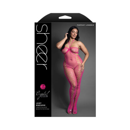 FANTASY LINGERIE - SHEER CRYSTAL CLUB JUST ENOUGH CROTCHLESS CUT-OUT HALTER BODYSTOCKING QUEEN SIZE