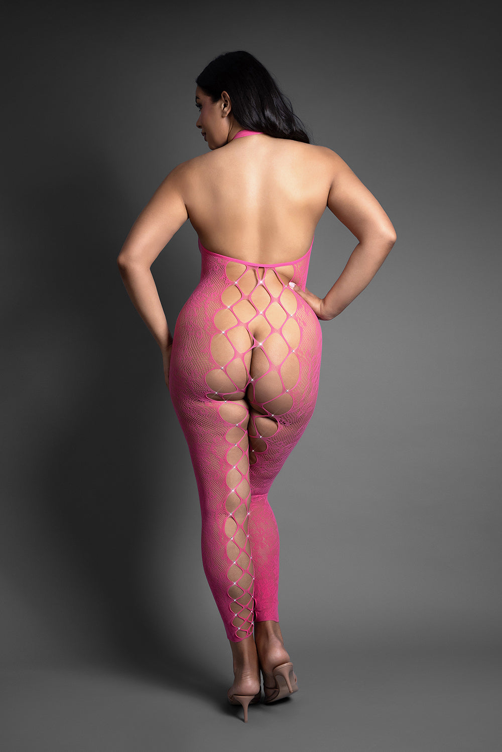 FANTASY LINGERIE - SHEER CRYSTAL CLUB TEMPT ME FOOTLESS OPEN CROTCH HALTER BODYSTOCKING QUEEN SIZE
