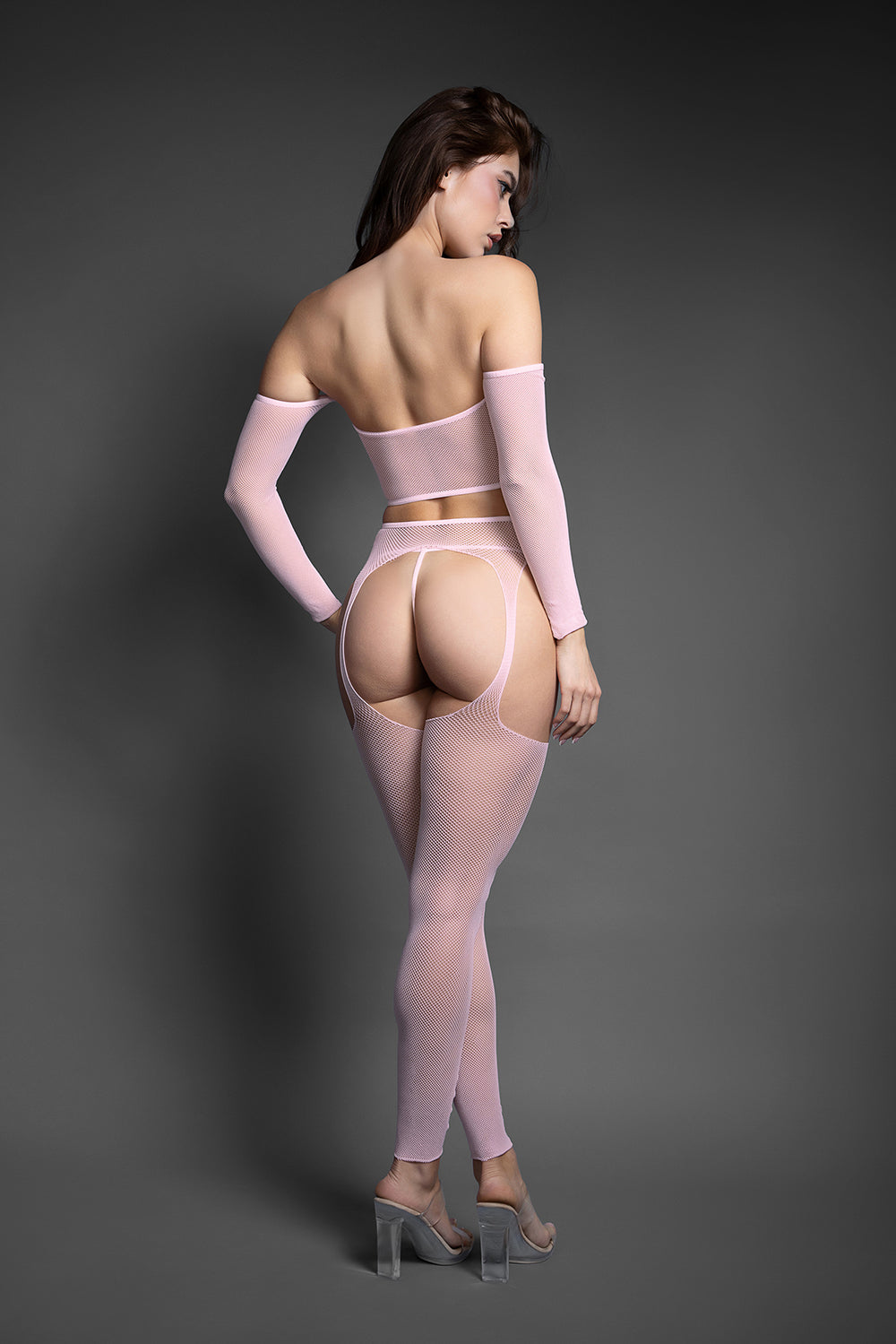 FANTASY LINGERIE - SHEER CRYSTAL CLUB LAST CALL OFF-THE-SHOULDER TOP AND FOOTLESS GARTER STOCKINGS WITH G-STRING O/S