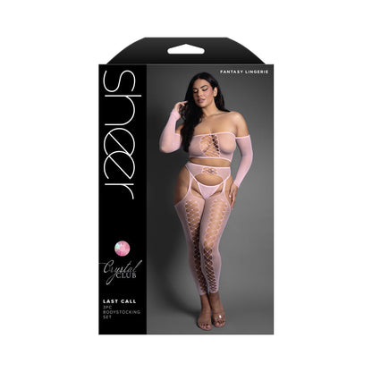 FANTASY LINGERIE - SHEER CRYSTAL CLUB LAST CALL OFF-THE-SHOULDER TOP AND FOOTLESS GARTER STOCKINGS WITH G-STRING QUEEN SIZE