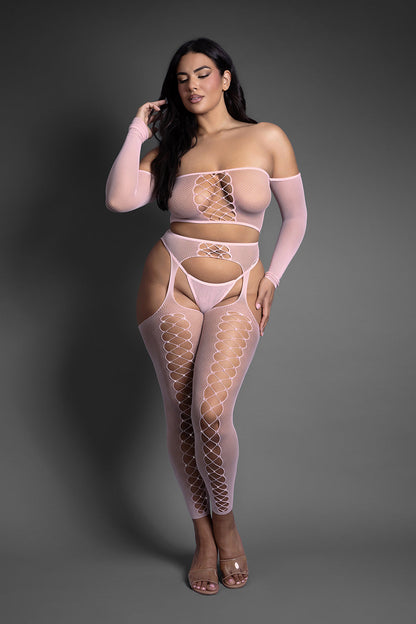 FANTASY LINGERIE - SHEER CRYSTAL CLUB LAST CALL OFF-THE-SHOULDER TOP AND FOOTLESS GARTER STOCKINGS WITH G-STRING QUEEN SIZE