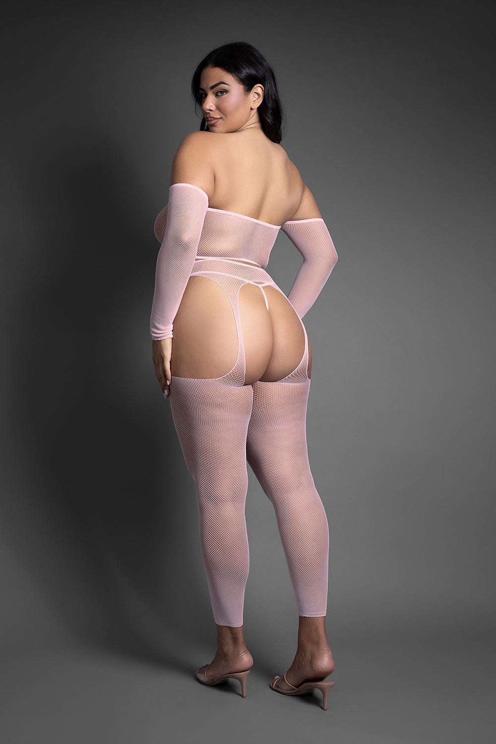 FANTASY LINGERIE - SHEER CRYSTAL CLUB LAST CALL OFF-THE-SHOULDER TOP AND FOOTLESS GARTER STOCKINGS WITH G-STRING QUEEN SIZE
