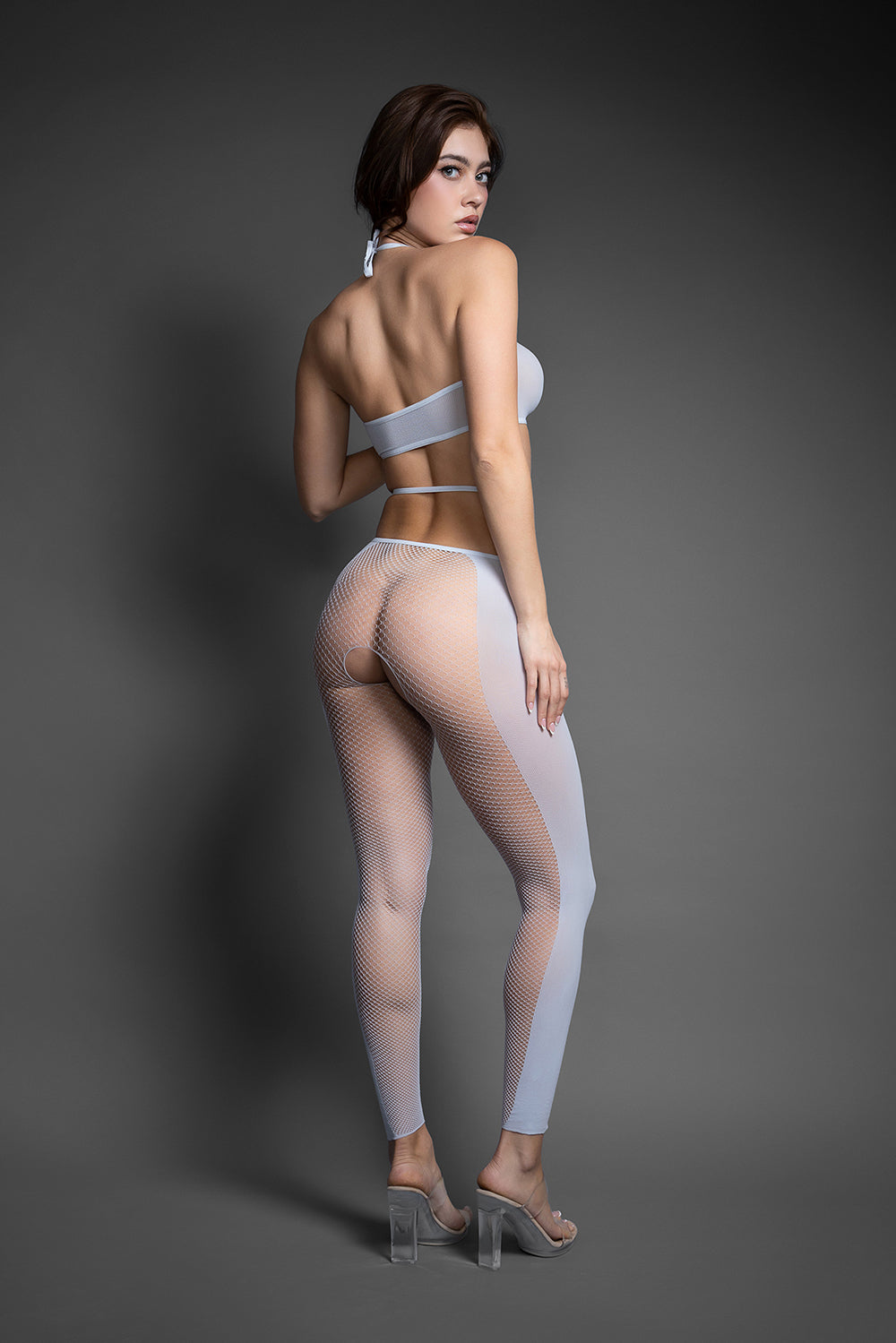 FANTASY LINGERIE - SHEER CRYSTAL CLUB PULL ME CLOSER HALTER TOP AND FOOTLESS OPEN CROTCH STOCKINGS O/S