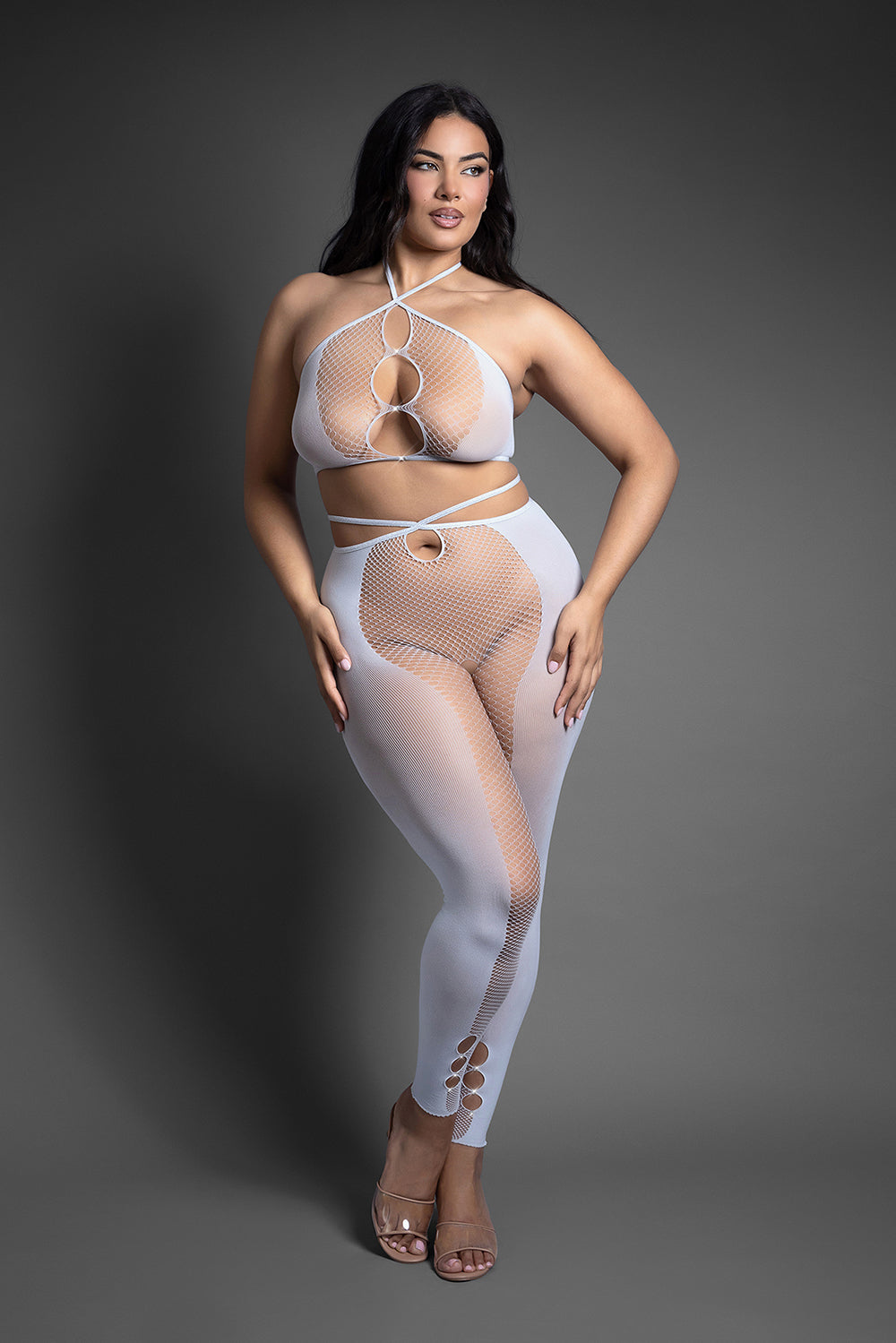 FANTASY LINGERIE - SHEER CRYSTAL CLUB PULL ME CLOSER HALTER TOP AND FOOTLESS OPEN CROTCH STOCKINGS QUEEN SIZE