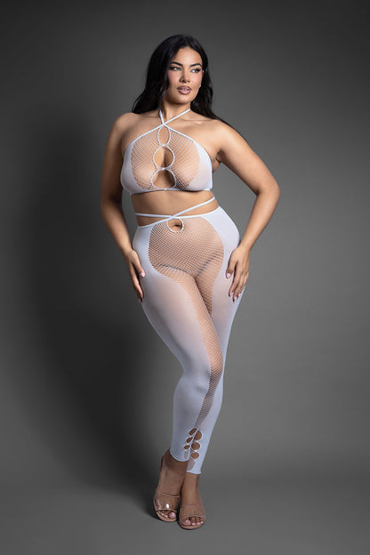 FANTASY LINGERIE - SHEER CRYSTAL CLUB PULL ME CLOSER HALTER TOP AND FOOTLESS OPEN CROTCH STOCKINGS QUEEN SIZE