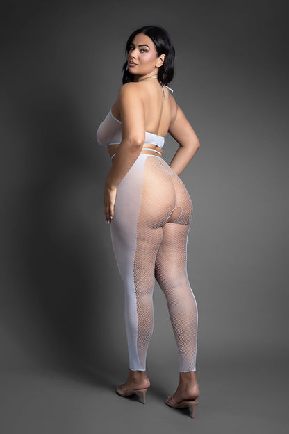 FANTASY LINGERIE - SHEER CRYSTAL CLUB PULL ME CLOSER HALTER TOP AND FOOTLESS OPEN CROTCH STOCKINGS QUEEN SIZE