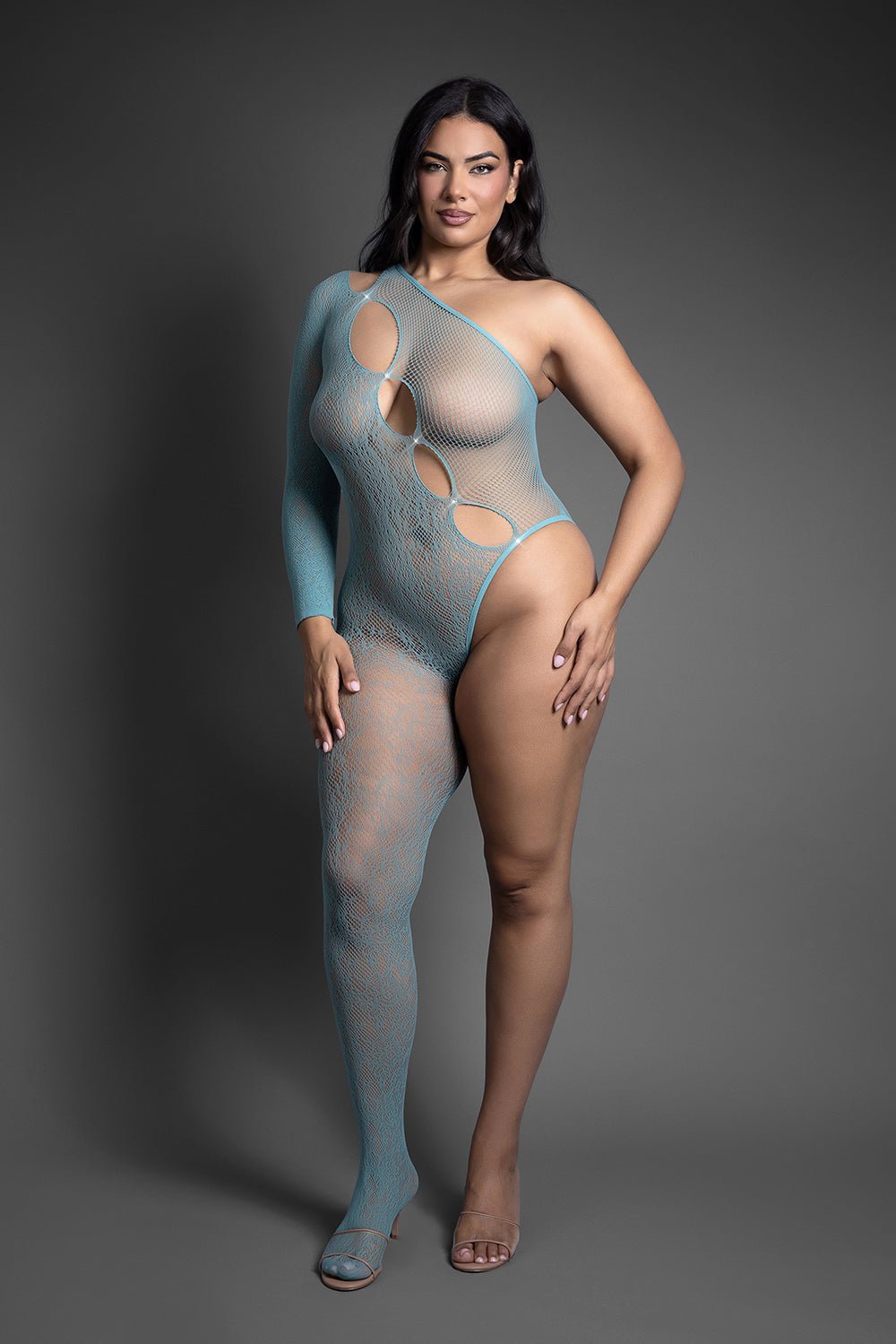 FANTASY LINGERIE - SHEER CRYSTAL CLUB OFF BALANCE ASYMMETRICAL BODYSTOCKING QUEEN SIZE