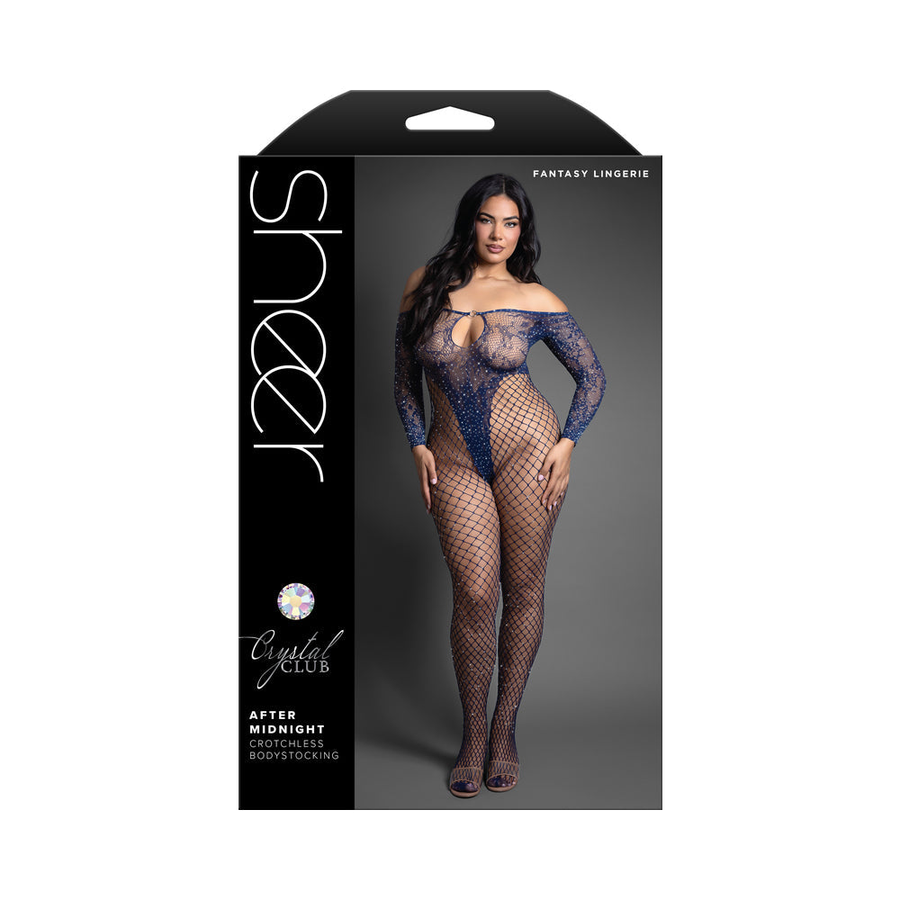 FANTASY LINGERIE - SHEER CRYSTAL CLUB AFTER MIDNIGHT OFF-THE-SHOULDER LONG SLEEVE BODYSTOCKING QUEEN SIZE