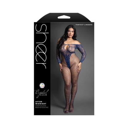 FANTASY LINGERIE - SHEER CRYSTAL CLUB AFTER MIDNIGHT OFF-THE-SHOULDER LONG SLEEVE BODYSTOCKING QUEEN SIZE
