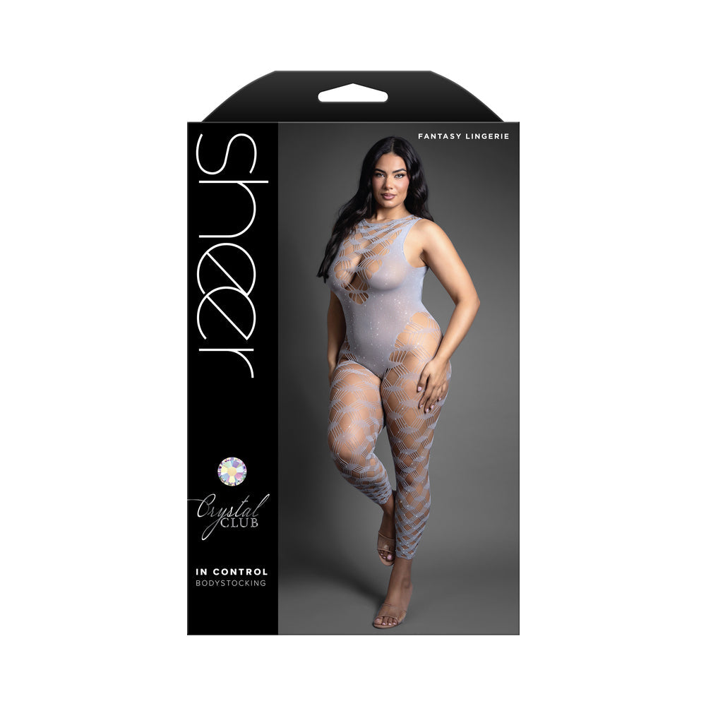 FANTASY LINGERIE - SHEER CRYSTAL CLUB IN CONTROL FOOTLESS OPEN BACK BODYSTOCKING QUEEN SIZE