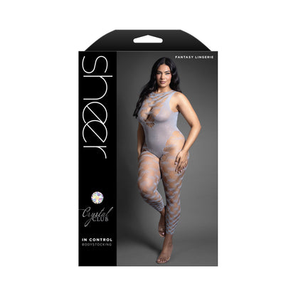 FANTASY LINGERIE - SHEER CRYSTAL CLUB IN CONTROL FOOTLESS OPEN BACK BODYSTOCKING QUEEN SIZE