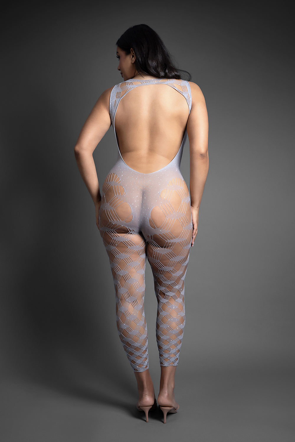 FANTASY LINGERIE - SHEER CRYSTAL CLUB IN CONTROL FOOTLESS OPEN BACK BODYSTOCKING QUEEN SIZE