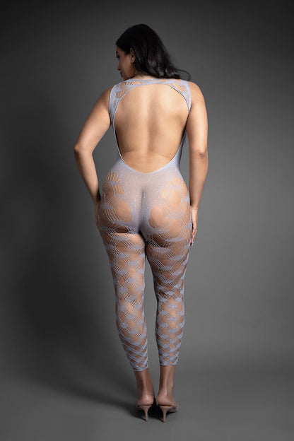 FANTASY LINGERIE - SHEER CRYSTAL CLUB IN CONTROL FOOTLESS OPEN BACK BODYSTOCKING QUEEN SIZE