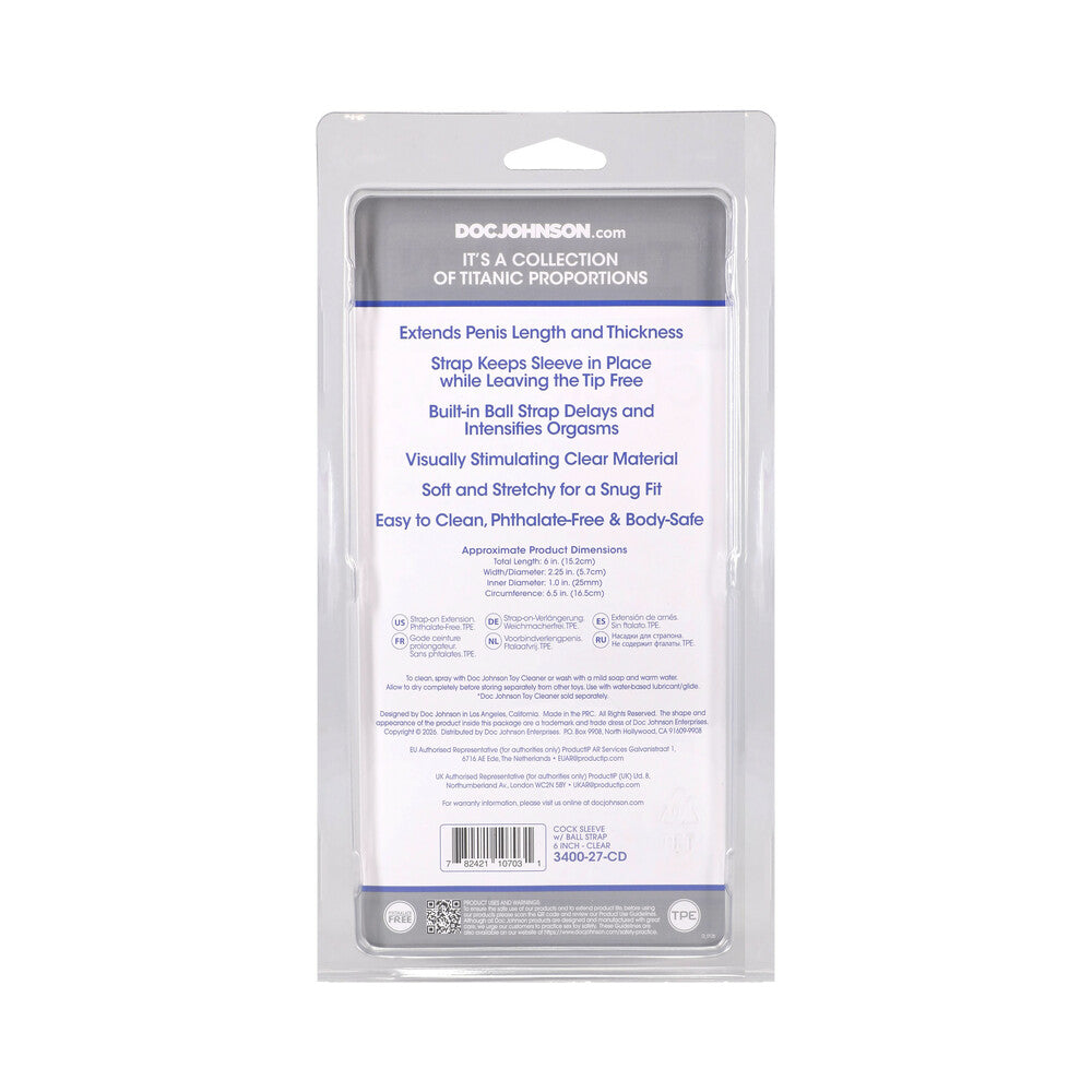 DOC JOHNSON - TITANMEN COCK SLEEVE WITH BALL STRAP 6 IN. CLEAR