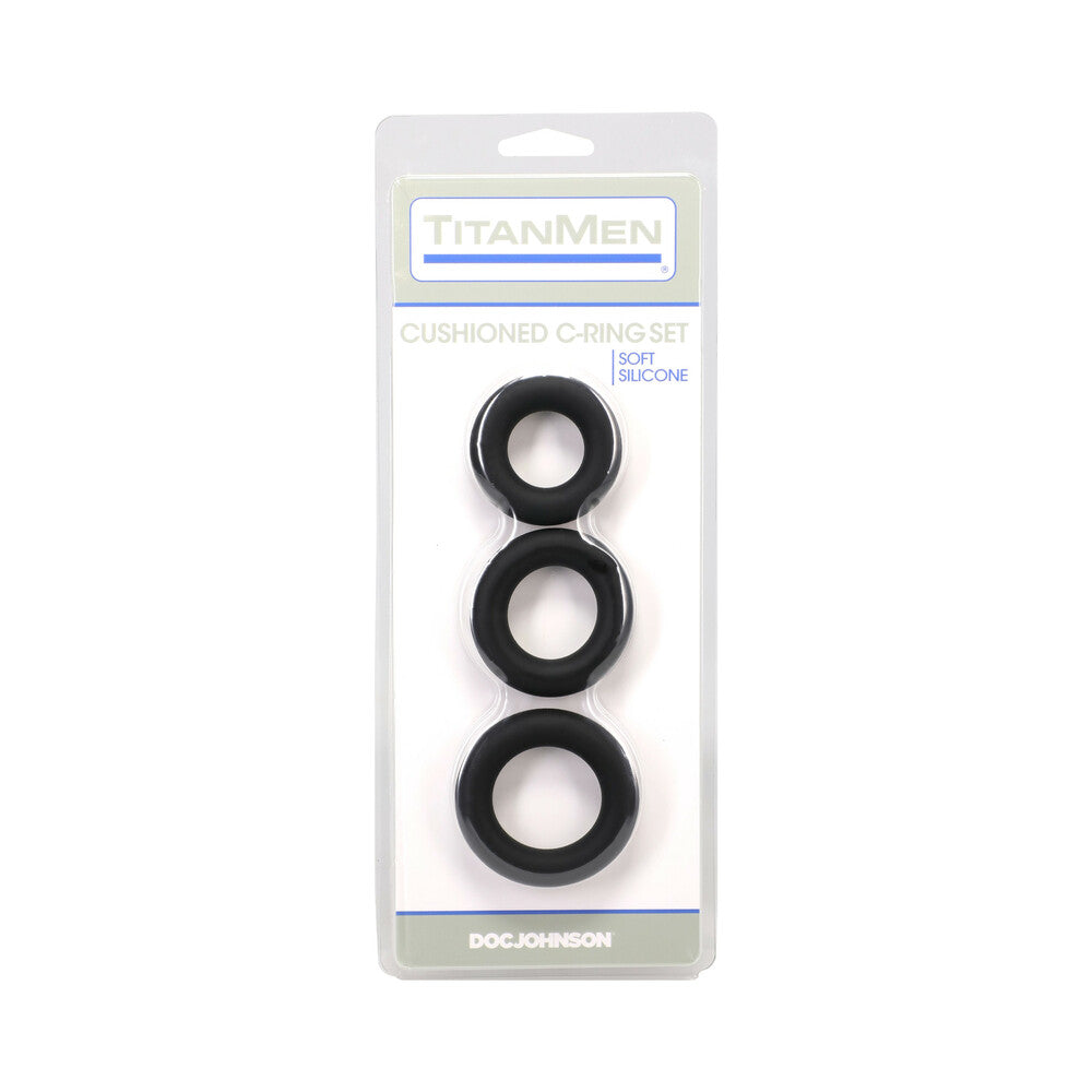 DOC JOHNSON - TITANMEN CUSHIONED C-RING 3 PIECE SILICONE SET BLACK