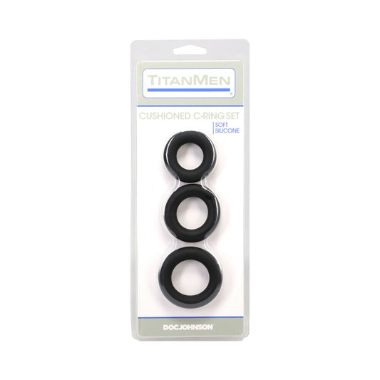 DOC JOHNSON - TITANMEN CUSHIONED C-RING 3 PIECE SILICONE SET BLACK