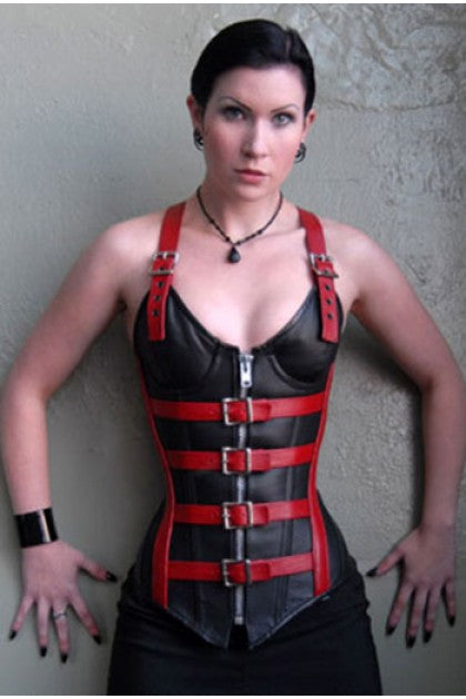 STORMY LEATHER - CORSET NEGRO C/ ROJO,CUERO HEBILLAS C/TANGA TM