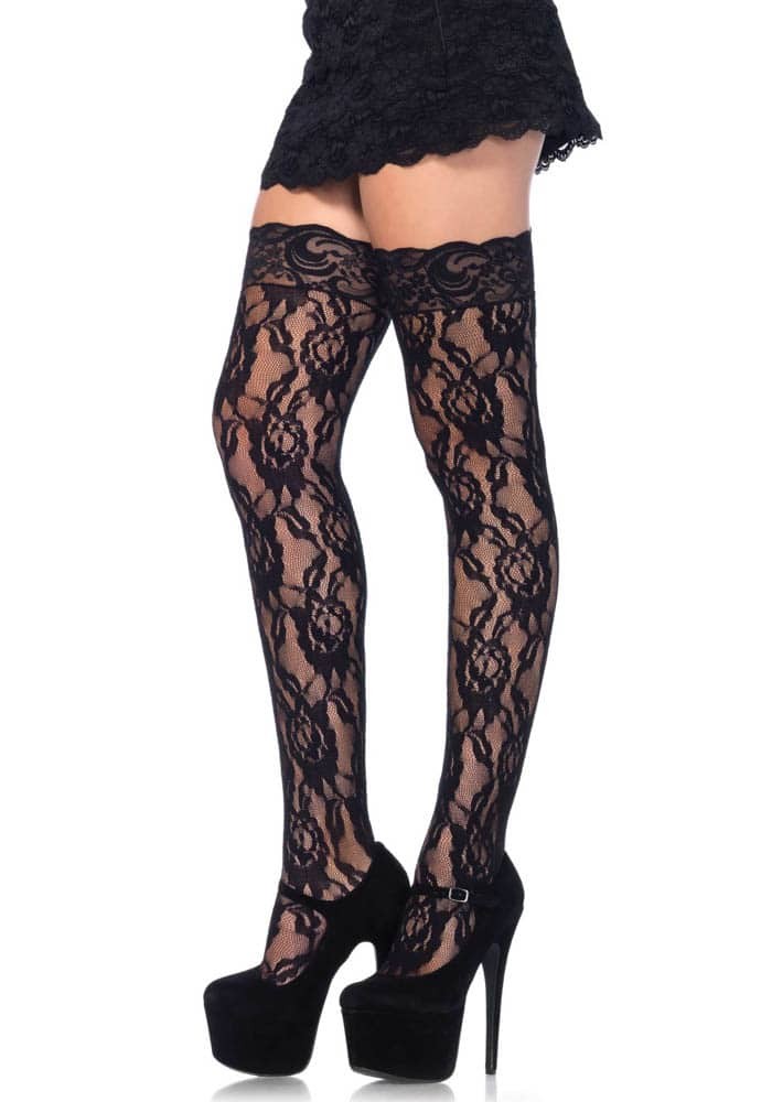LEG AVENUE - 729762 LACE THI HI W/LACE TOP O/S BLK