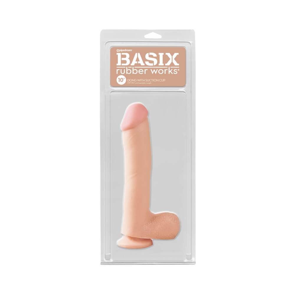 BASIX RUBBER WORKS 10 IN. DONG WITH BALLS & SUCTION CUP BEIGE