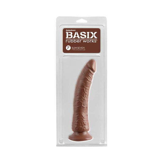 BASIX RUBBER WORKS SLIM SEVEN 7 IN. DILDO WITH SUCTION CUP BROWN