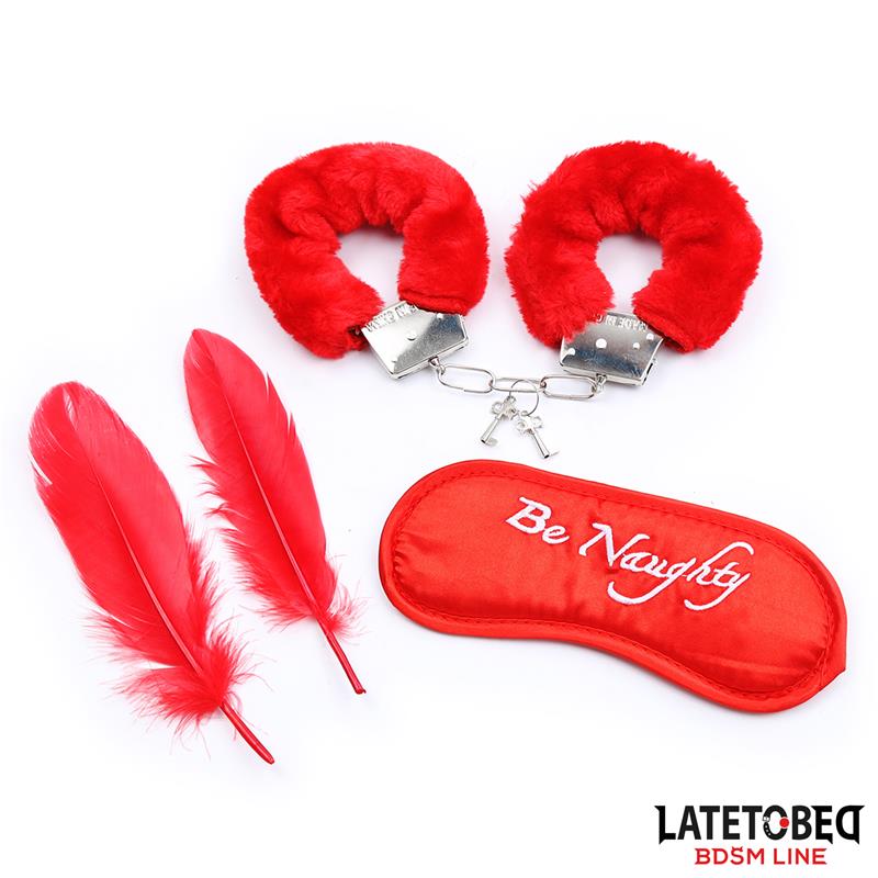 ENSEMBLE DE BONDAGE 3 PIÈCES LATETOBED – MENOTTES, MASQUE ET PLUME