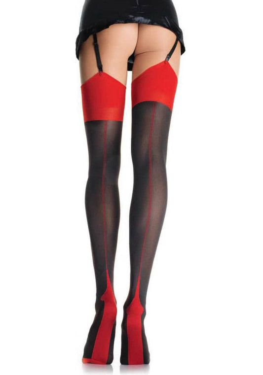 LEG AVENUE - CONTRAST TOP THIGH HIGH BLACK/RED O/S