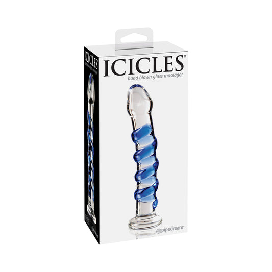 ICICLES NO. 5 CURVED RIBBED 7 IN. GLASS DILDO BLUE/CLEAR