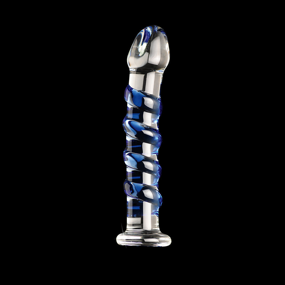 ICICLES NO. 5 CURVED RIBBED 7 IN. GLASS DILDO BLUE/CLEAR