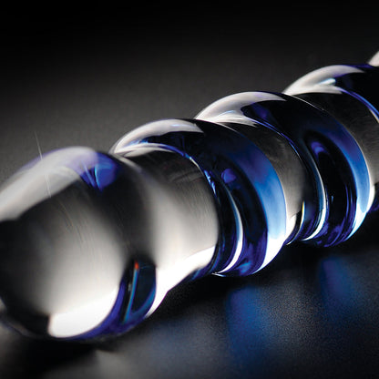 ICICLES NO. 5 CURVED RIBBED 7 IN. GLASS DILDO BLUE/CLEAR