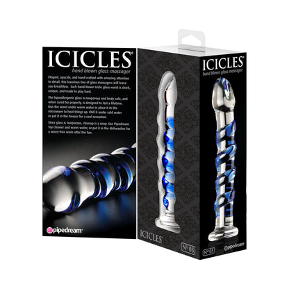 ICICLES NO. 5 CURVED RIBBED 7 IN. GLASS DILDO BLUE/CLEAR