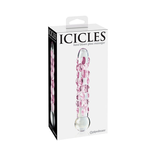 ICICLES NO. 7 TEXTURED 7 IN. GLASS DILDO PINK/CLEAR