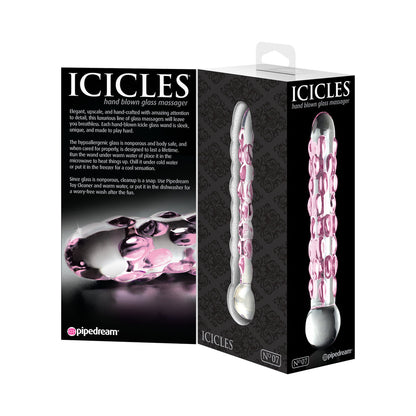 ICICLES NO. 7 TEXTURED 7 IN. GLASS DILDO PINK/CLEAR