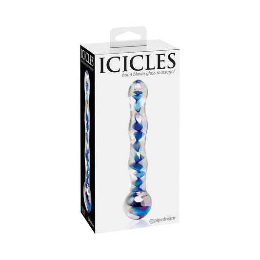 ICICLES NO. 8 WAVY 7 IN. GLASS DILDO BLUE/CLEAR