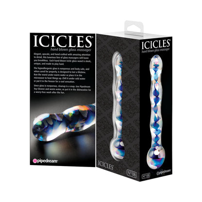 ICICLES NO. 8 WAVY 7 IN. GLASS DILDO BLUE/CLEAR