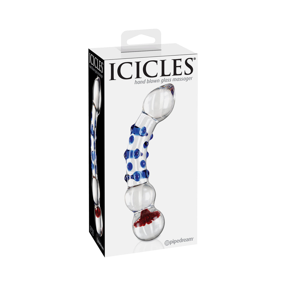 ICICLES NO. 18 CURVED TEXTURED 7.5 IN. GLASS DILDO BLUE/RED/CLEAR