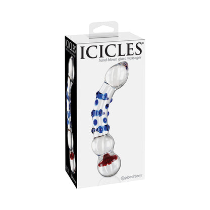 ICICLES NO. 18 CURVED TEXTURED 7.5 IN. GLASS DILDO BLUE/RED/CLEAR