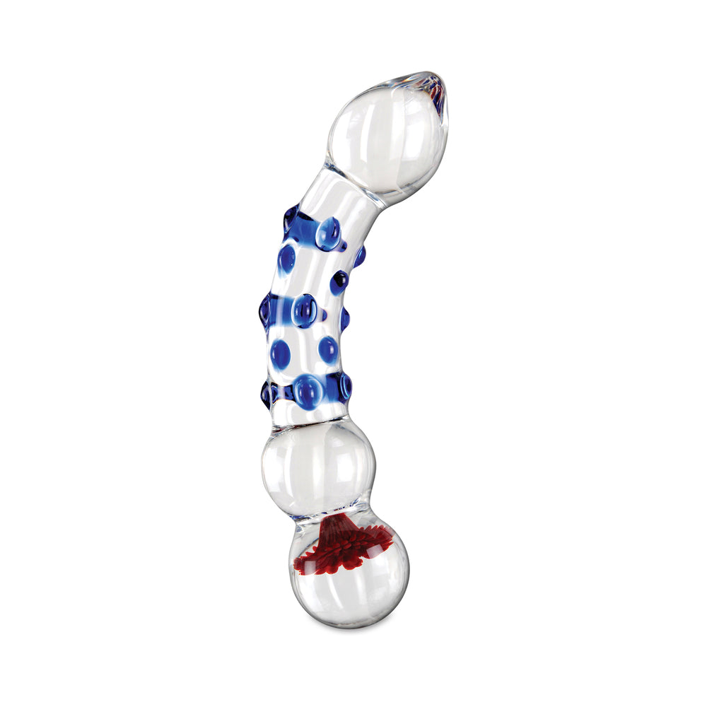ICICLES NO. 18 CURVED TEXTURED 7.5 IN. GLASS DILDO BLUE/RED/CLEAR