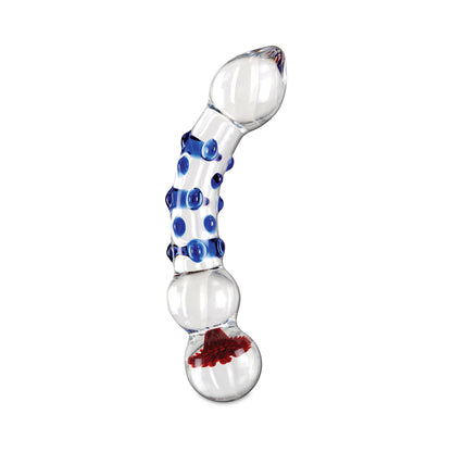 ICICLES NO. 18 CURVED TEXTURED 7.5 IN. GLASS DILDO BLUE/RED/CLEAR