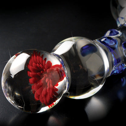 ICICLES NO. 18 CURVED TEXTURED 7.5 IN. GLASS DILDO BLUE/RED/CLEAR