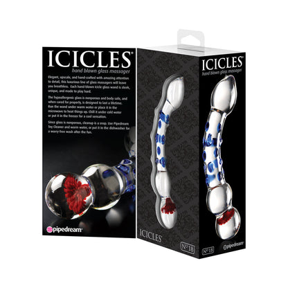 ICICLES NO. 18 CURVED TEXTURED 7.5 IN. GLASS DILDO BLUE/RED/CLEAR