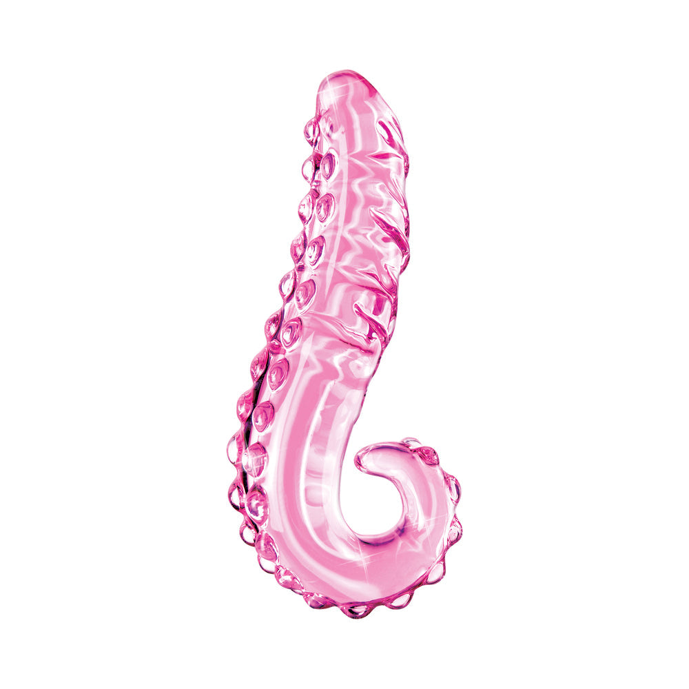 ICICLES NO. 24 CURVED TEXTURED 6 IN. GLASS DILDO WITH HANDLE PINK