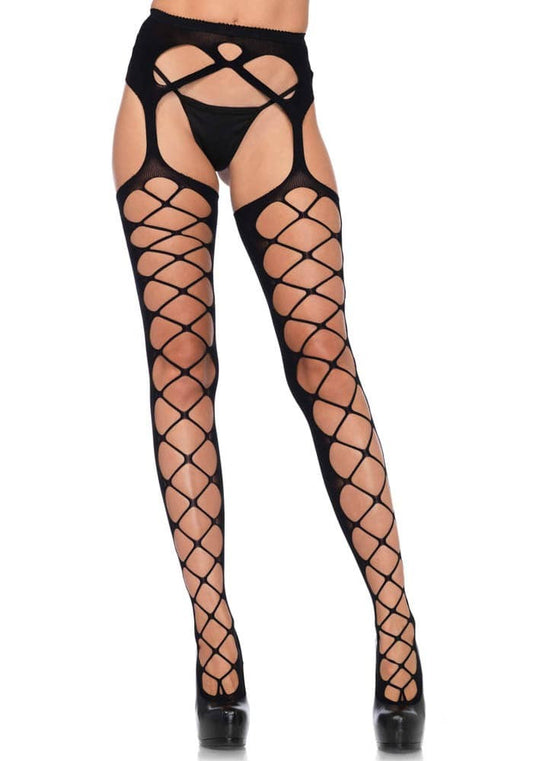 LEG AVENUE - DIAMOND NET OPAQUE STOCKINGS, BLACK, O/S