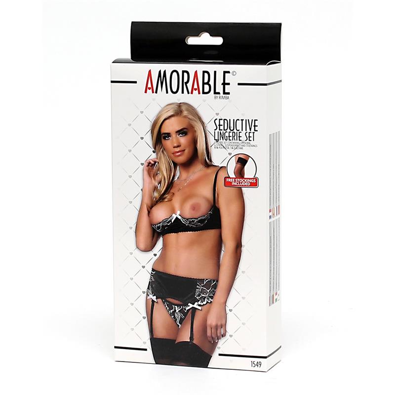 AMORABLE - 4 PIECES SET OPEN BRA, THONG, GARTER AND STOCKINGS