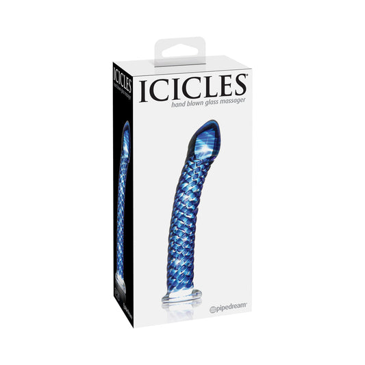 ICICLES NO. 29 CURVED TEXTURED 7.25 IN. GLASS DILDO BLUE